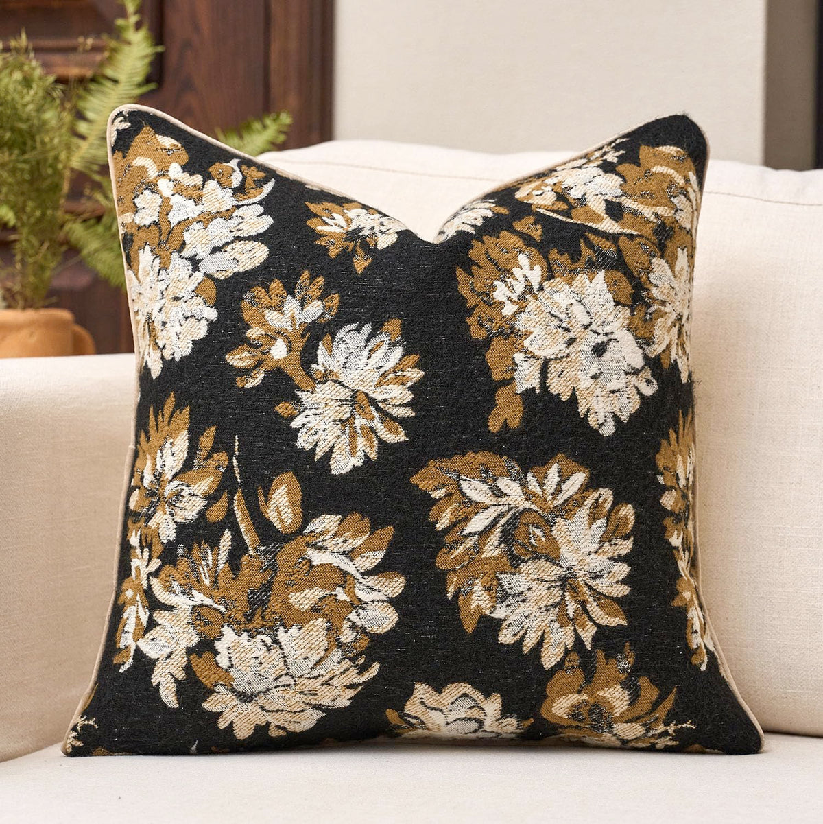 Green Floral Textured Throw Pillow Cover 18x18 Fall Vintage Rust Pillow Cover Farmhouse Summer Leaf Cushion Cover Chenille Neutral Flower Pillowcase Home Decor for Sofa Living Room Bedding