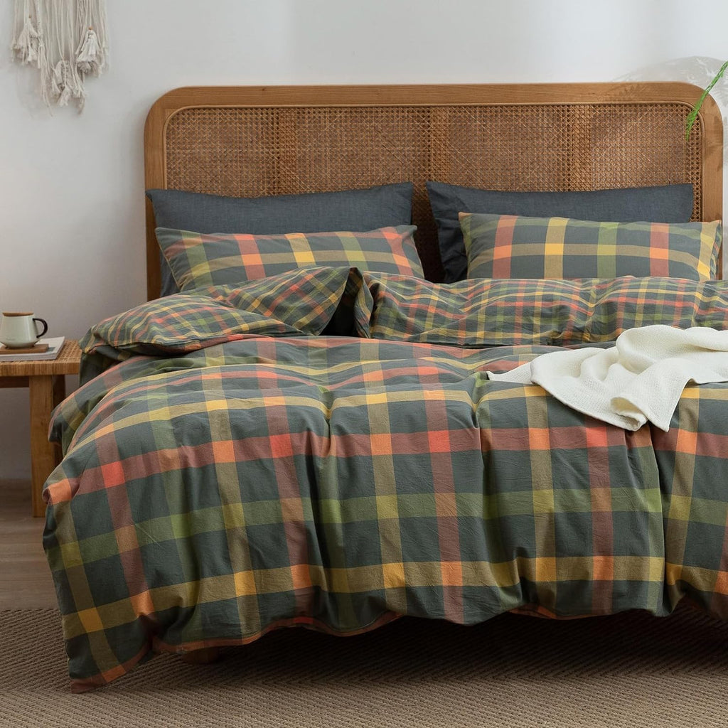 Plaid Duvet Cover Set Washed Cotton,Queen(90"x90"),Multicolor Gingham