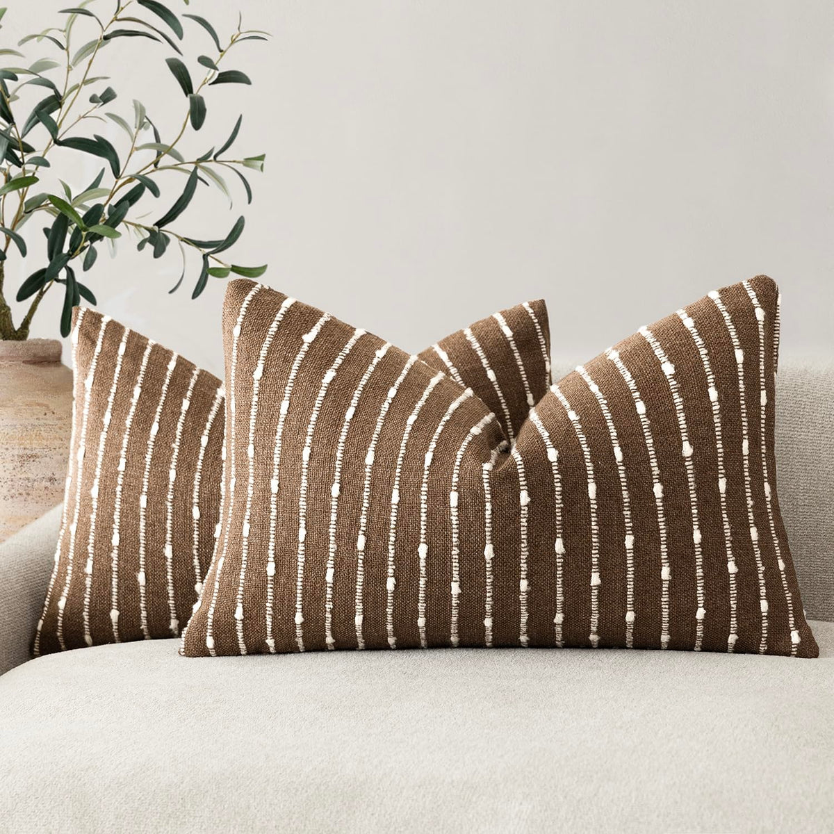 Foindtower Decorative Striped Boucle Throw Pillow Covers 18x18 Inch Camel