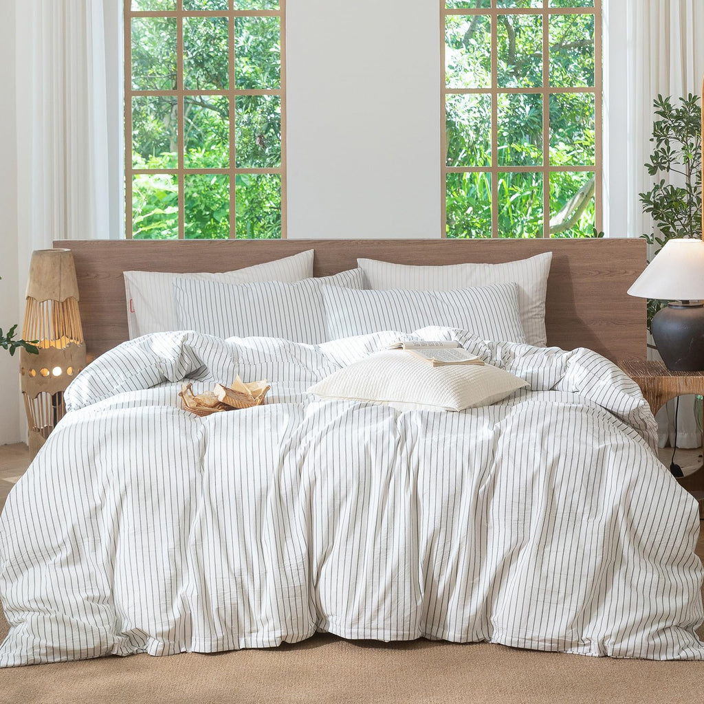 MooMee Striped Duvet Cover Set 100% Washed Cotton Linen Like Queen