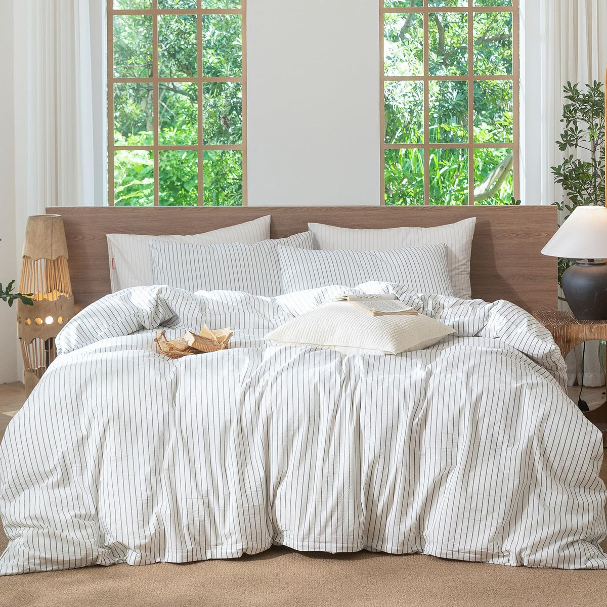 MooMee Striped Duvet Cover Set 100% Washed Cotton Linen Like Queen