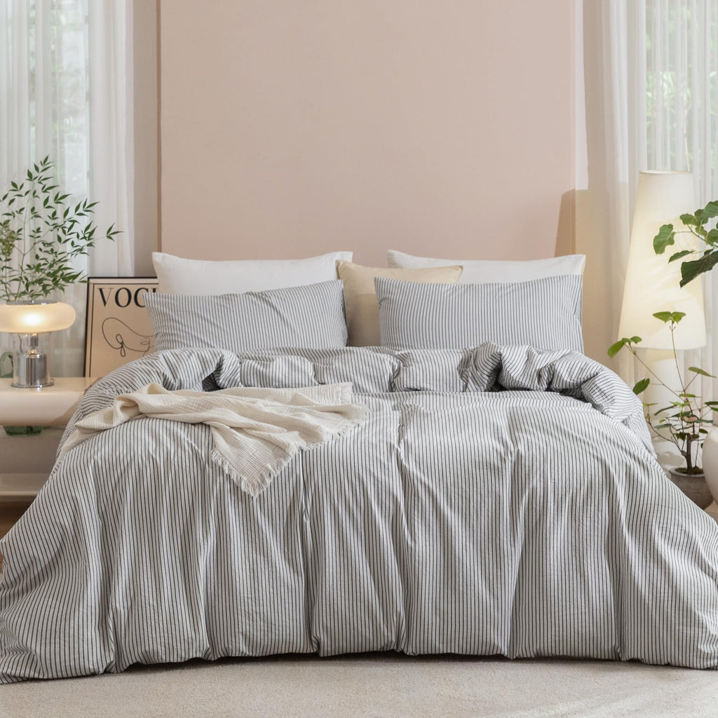 JIYUAN Queen Washed Cotton Duvet Cover Set, 3-Piece, Relaxed Linen Feel