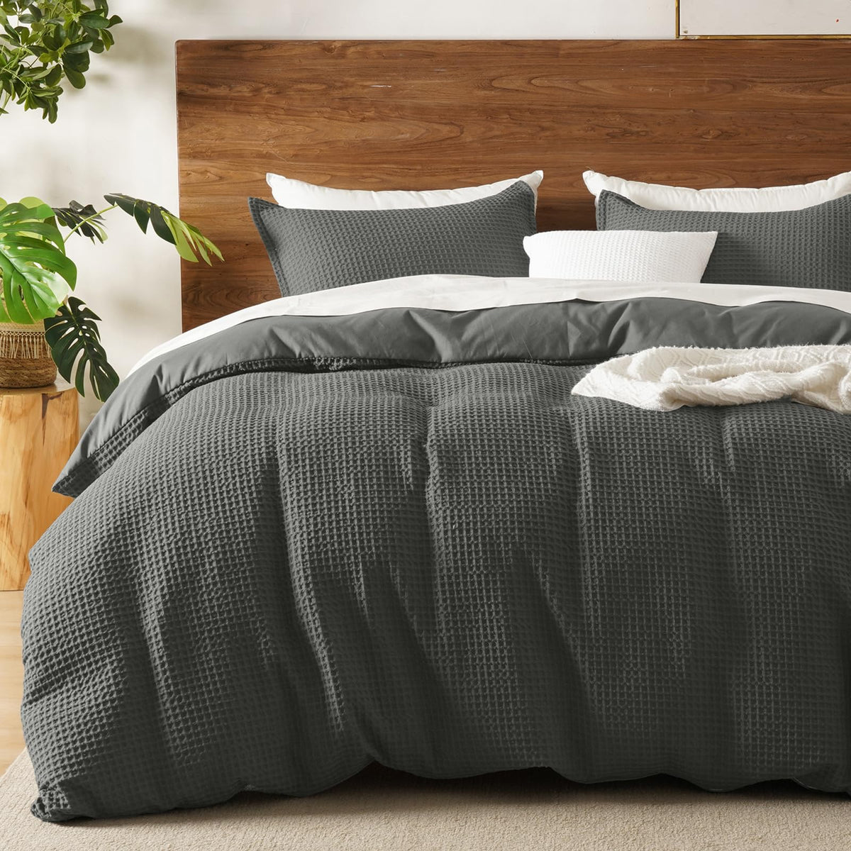 David's Home Soft Textured Waffle Weave Duvet Cover Set, King Size, Natural