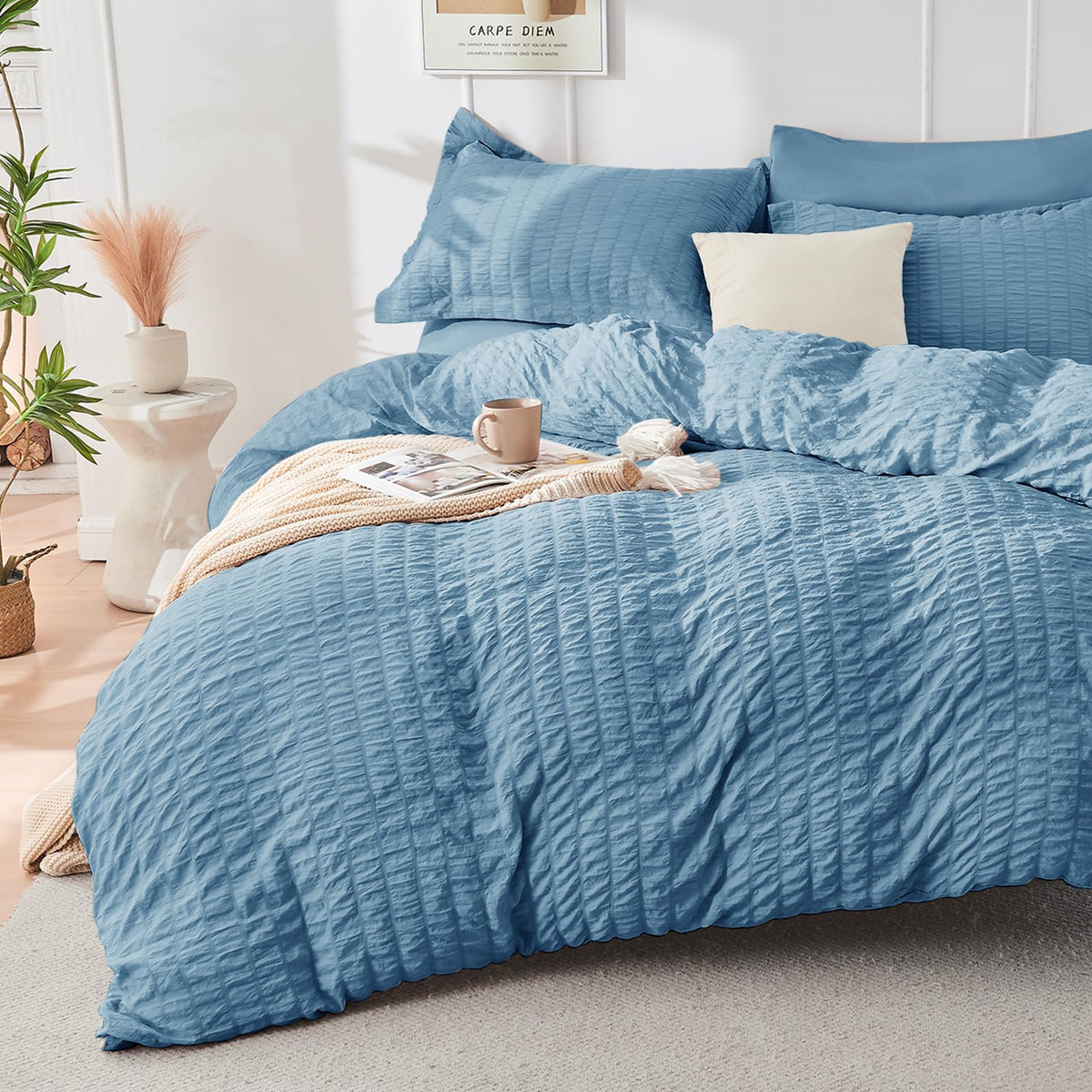 HYMOKEGE Beige Duvet Cover Queen Size, Ultra Soft 3-Piece Seersucker Duvet Cover Set with Zipper Closure, Soft Brushed Microfiber Bedding Set with 8 Corner Ties (90"x90", 2 Pillowshams)