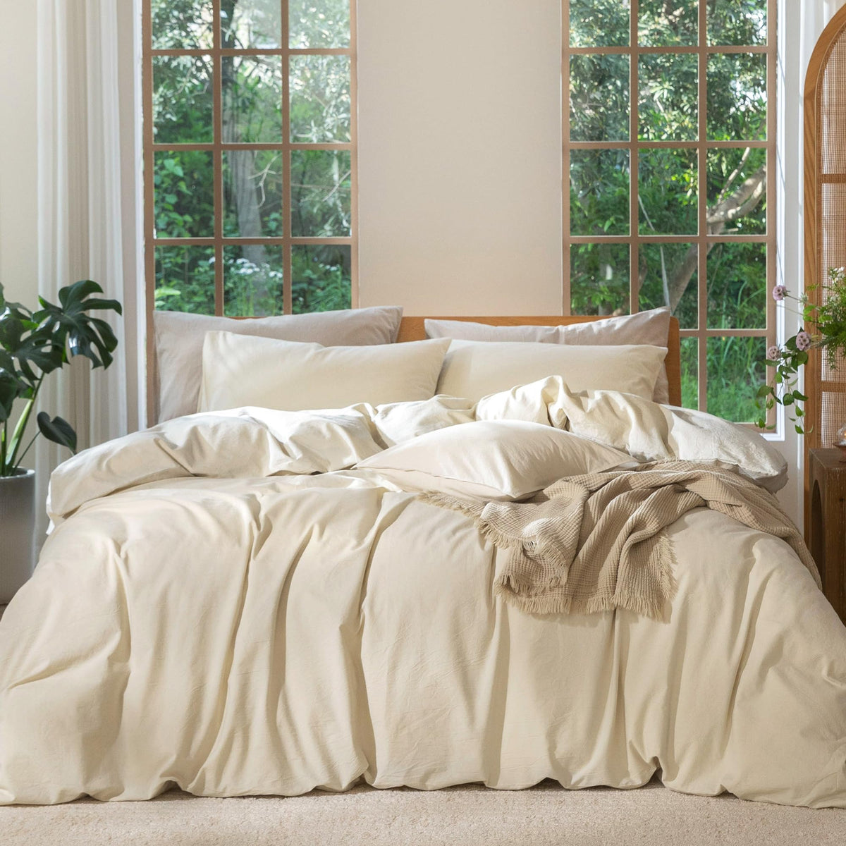 MooMee Duvet Cover Set 100% Washed Cotton Linen Like Queen