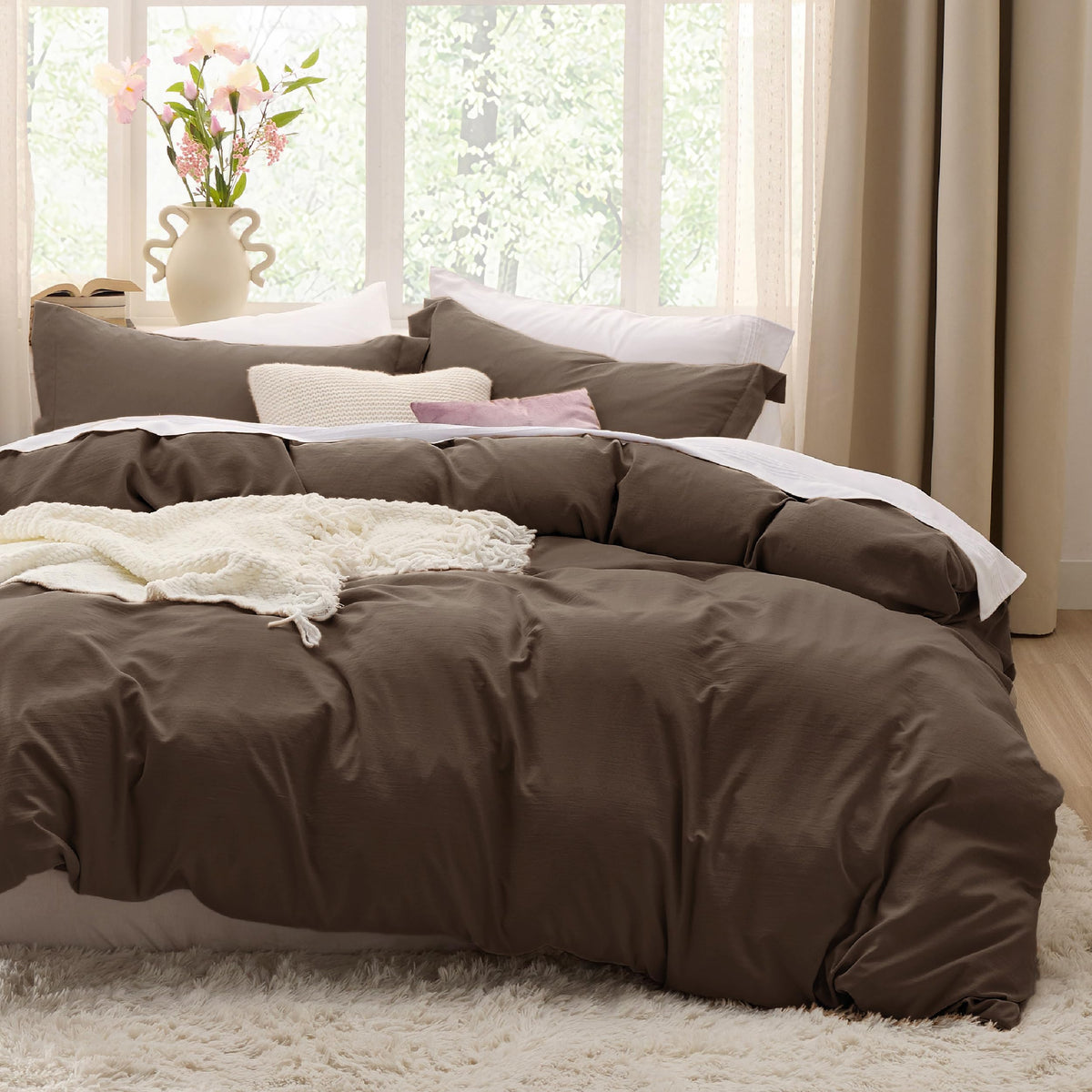Bedsure Prewashed Duvet Cover Queen, Cotton-Like Soft Bedding Set, Beige