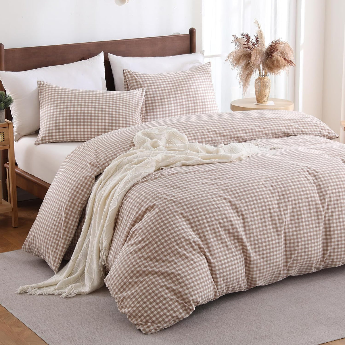 Cotton Brown Gingham Duvet Cover Bedding Set Linen Like, Queen