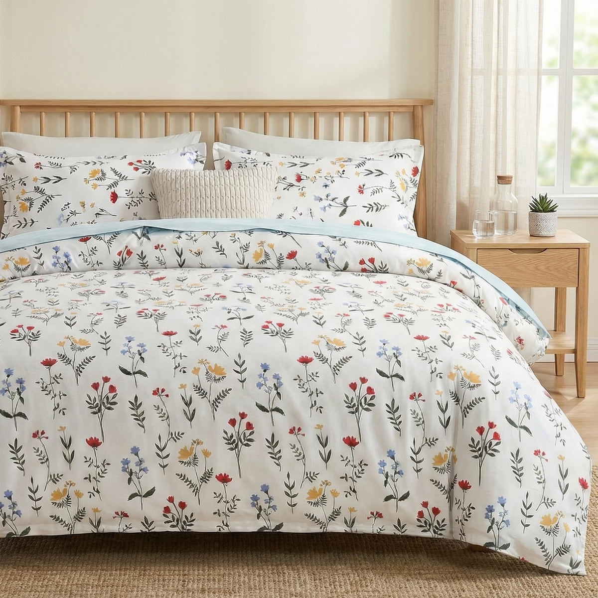Duvet Cover Queen Size - 100% Cotton Reversible Floral Queen Duvet Cover Set with Zipper Closure, 3 Pieces Soft & Breathable Green Bedding Set for All Seasons
