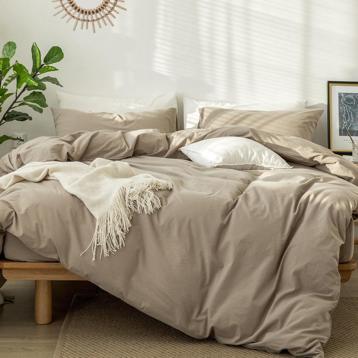 MooMee Duvet Cover Set 100% Washed Cotton Linen Like Queen