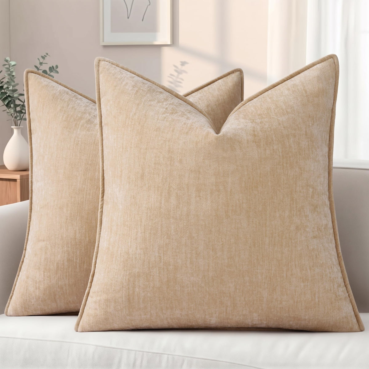 decorUhome Chenille Beige Velvet Throw Pillow Covers 20x20 Set of 2
