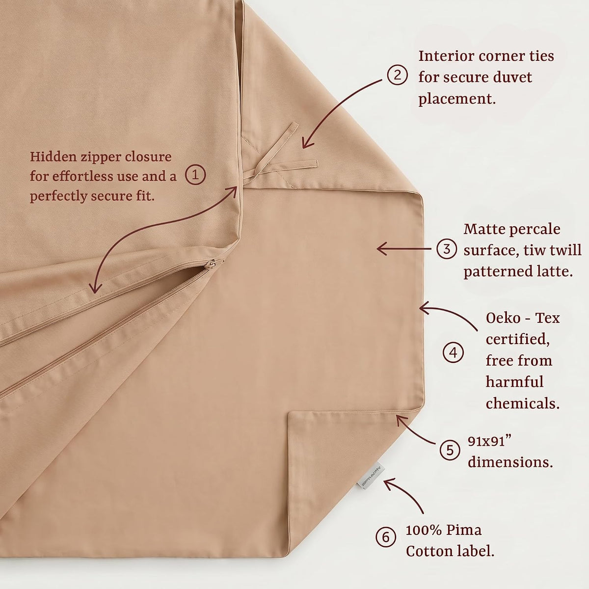 Peru Pima 285 Thread Count Percale Duvet Cover Set Full/Queen — 100% Peruvian Pima Cotton 3-Piece Bedding (1 Duvet Cover + 2 Pillowcases) — Cooling, Breathable, Crisp Hotel Quality — Latte
