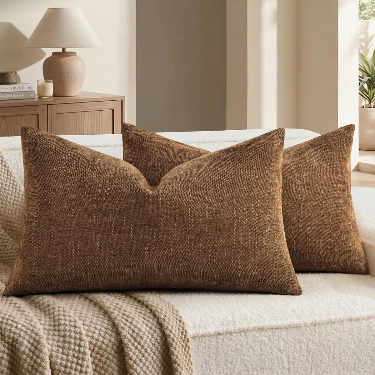 decorUhome Chenille Decorative Throw Pillow Covers 18x18 Set of 2, Brown