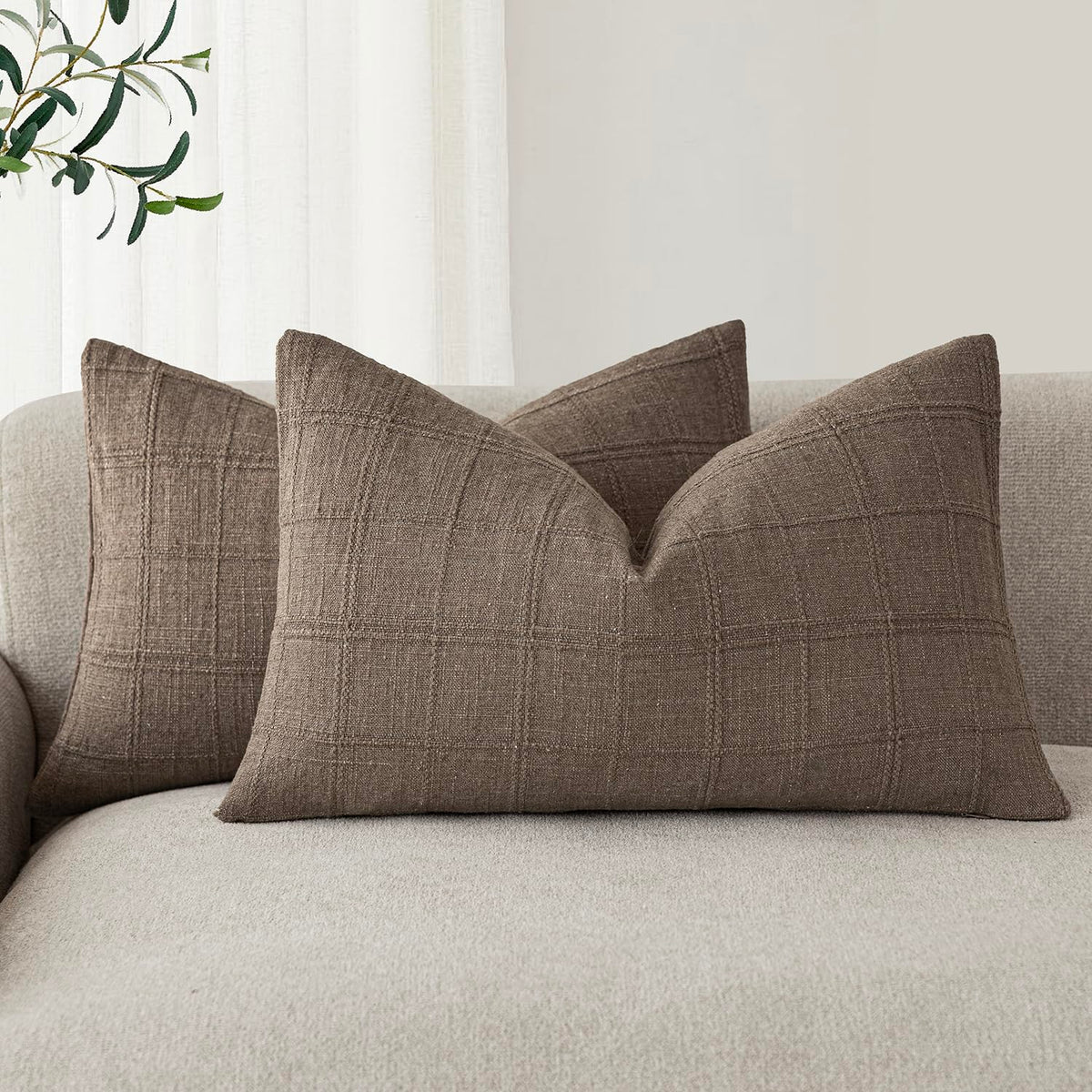 Foindtower Boho Linen Check Decorative Throw Pillow Cover 18×18 Olive Green