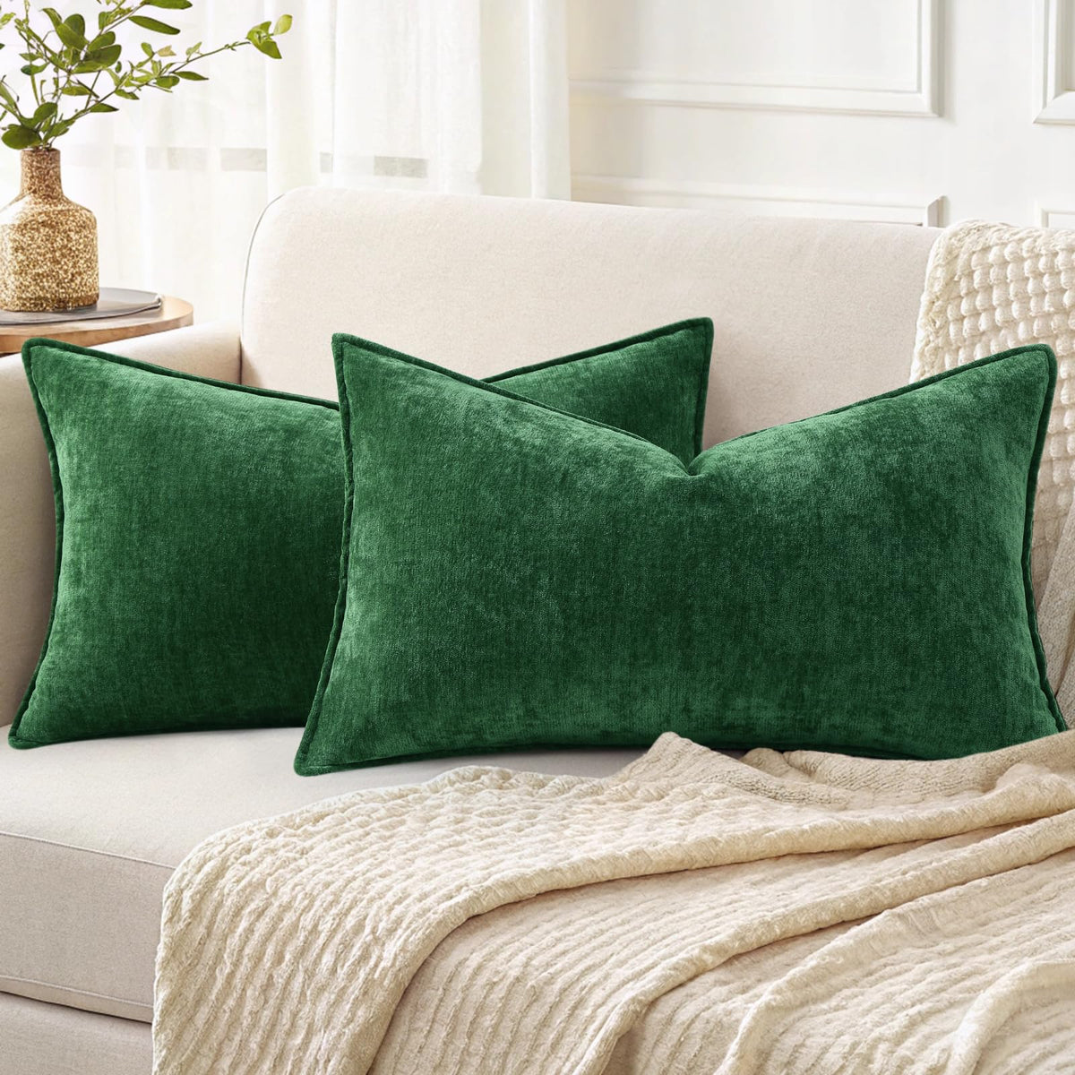 decorUhome Chenille Beige Velvet Throw Pillow Covers 20x20 Set of 2