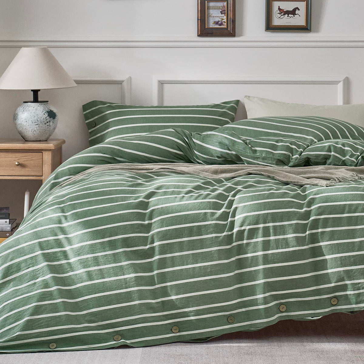 JELLYMONI 100% Washed Cotton Striped Duvet Cover Set King, Linen-Like