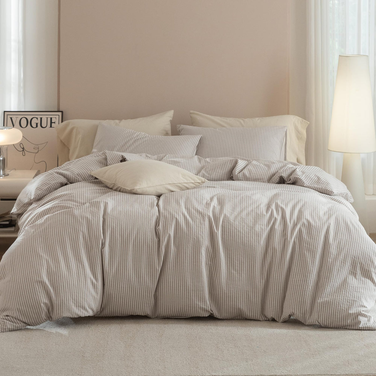 JIYUAN Queen Washed Cotton Duvet Cover Set, 3-Piece, Relaxed Linen Feel