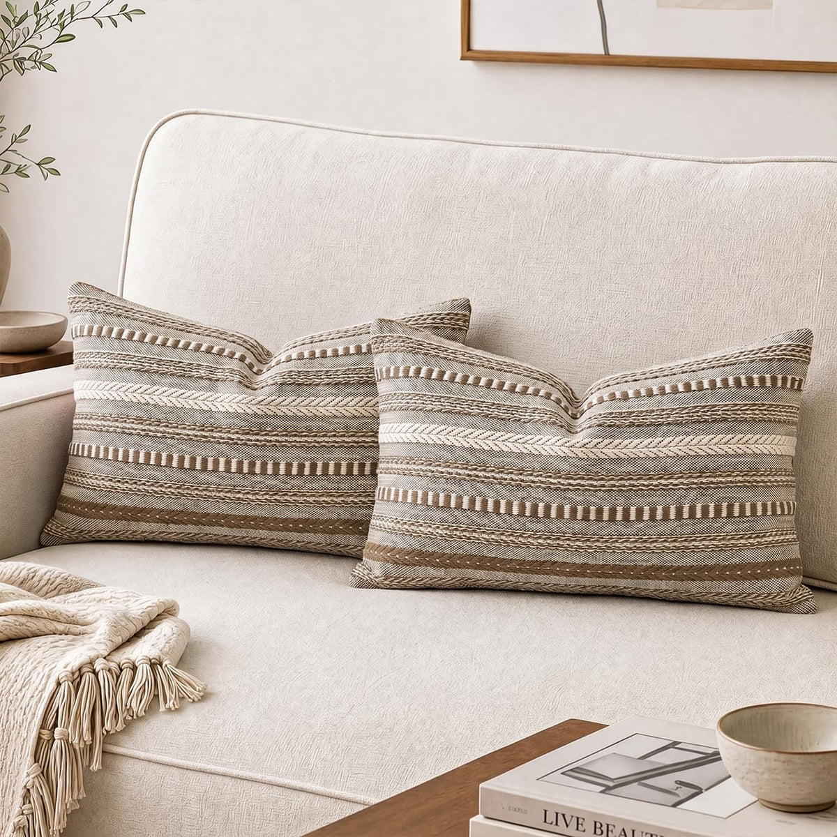 AVOIN colorlife Pink Boho Decorative Throw Pillow Covers Set of 2, 18 x 18 Inch Woven Stripe Textured Rustic Cushion Case Home Decor for Living Room Couch Sofa