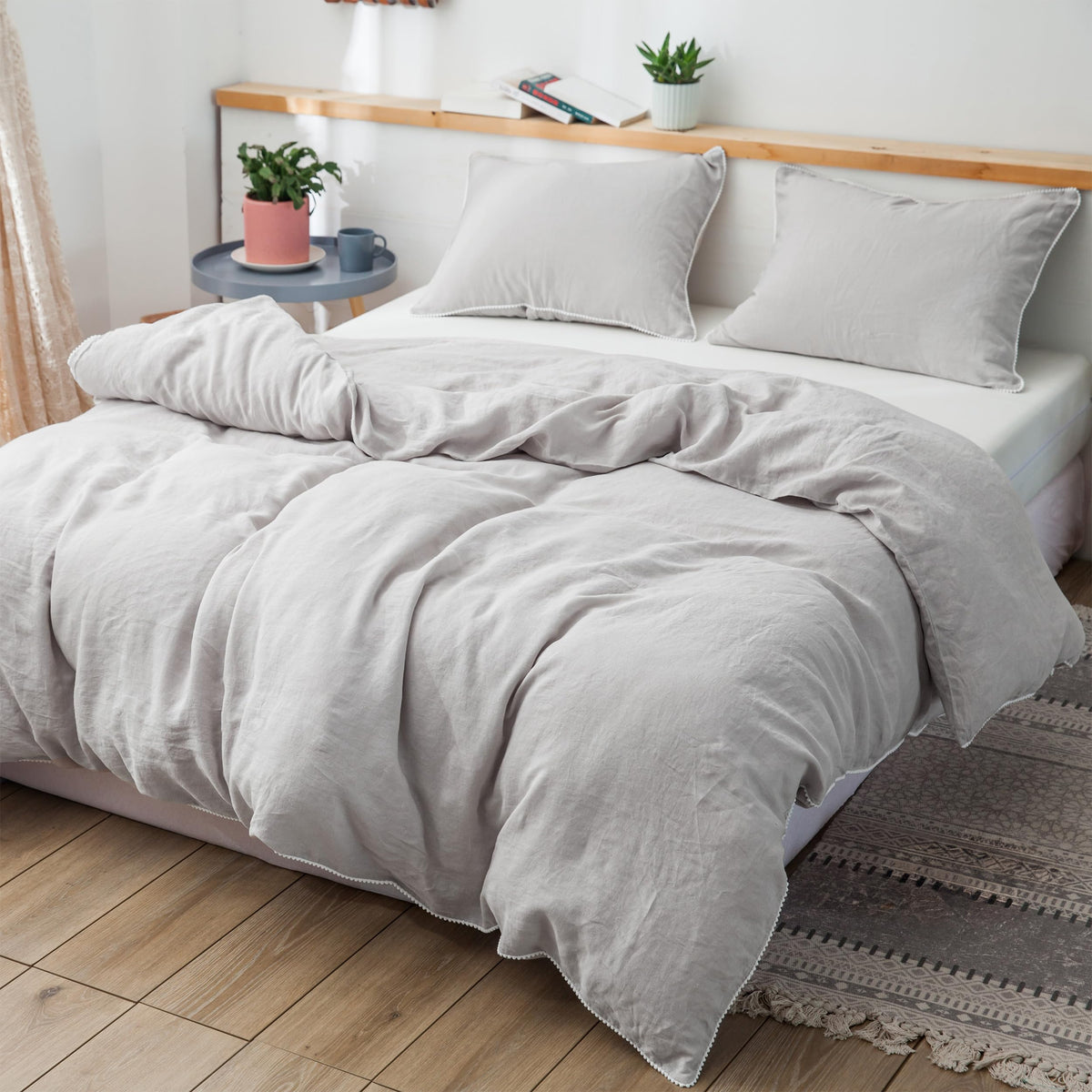 Simple&Opulence 100% French Linen Duvet Cover Set with Embroidered,3 Pcs Washed Soft Farmhouse Bedding Set with Button Closure,1 Comforter Cover and 2 Pillowshams(King,Natural Linen)