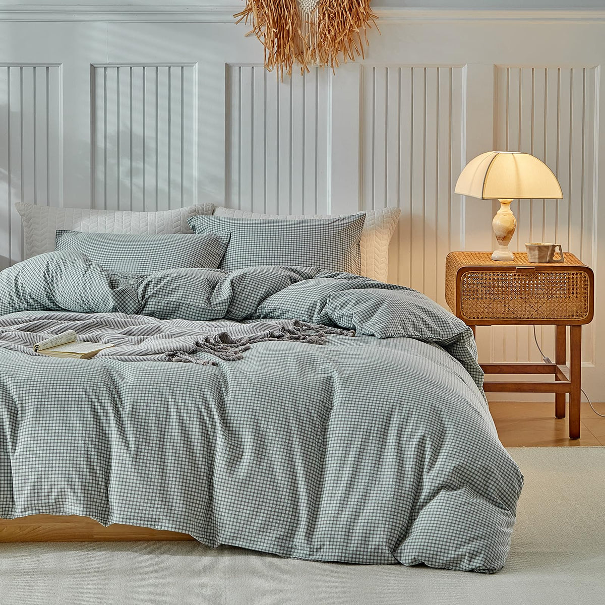 DuShow Grid King Duvet Cover Set - Tan Gingham Washed Microfiber Comforter Cover Set, 3 Pieces Plaid Checkered Soft Reversible Bedding Set(Tan,King)