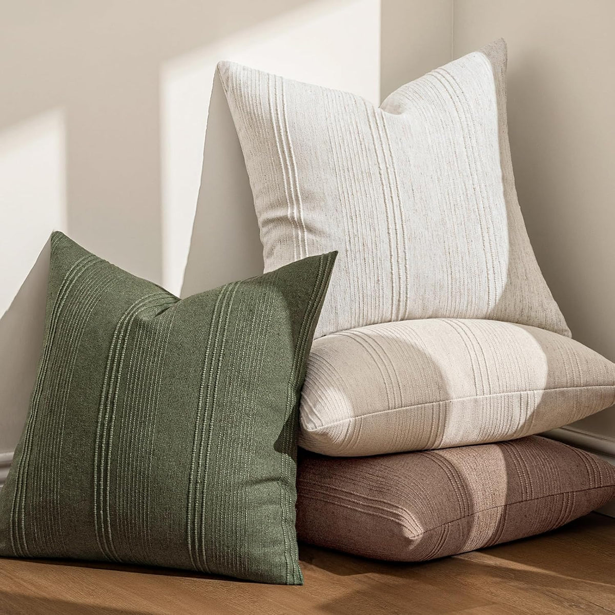 MIULEE Decorative Striped Throw Pillow Covers 18x18 in Natural Beige 2 Pack