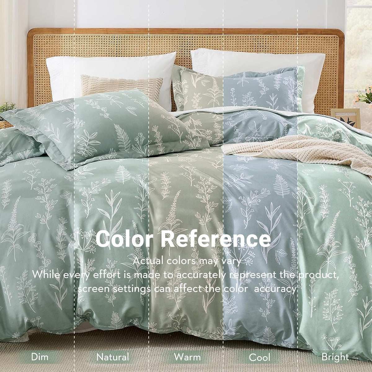 MUXHOMO Duvet Cover Queen Size, Reversible Floral Green Duvet Cover Set with Zipper Closure, 3 Pieces Botanical Patterns Soft Microfiber Bedding Set with 4 Ties (90"x90", 2 Pillow Cases)