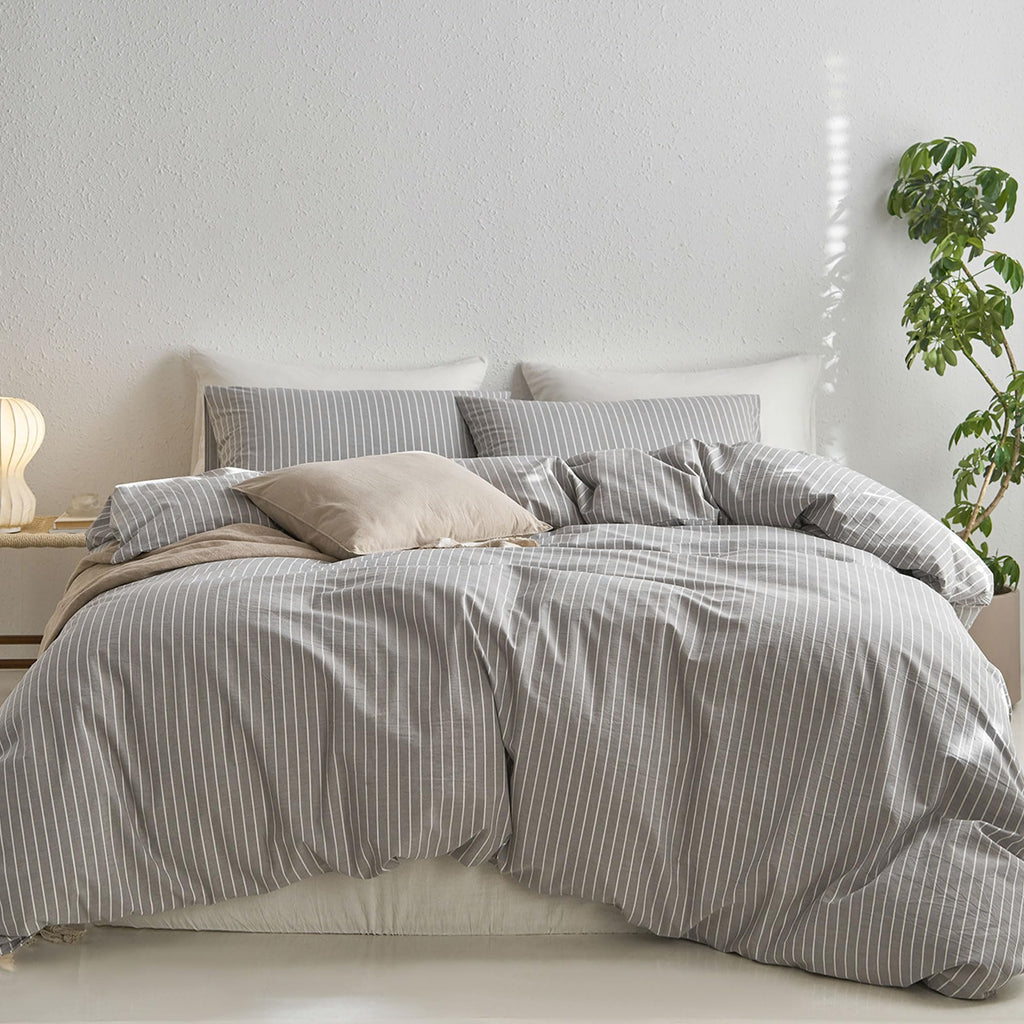 MooMee Striped Duvet Cover Set 100% Washed Cotton Linen Like Queen