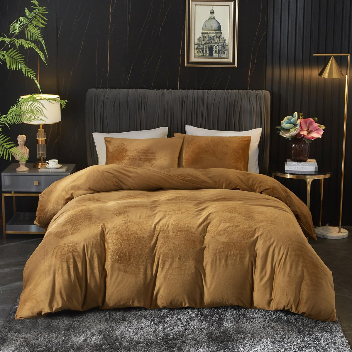 Ivellow Velvet Duvet Cover Queen Set, 3 Pcs Olive Green, Zipper Corner Ties