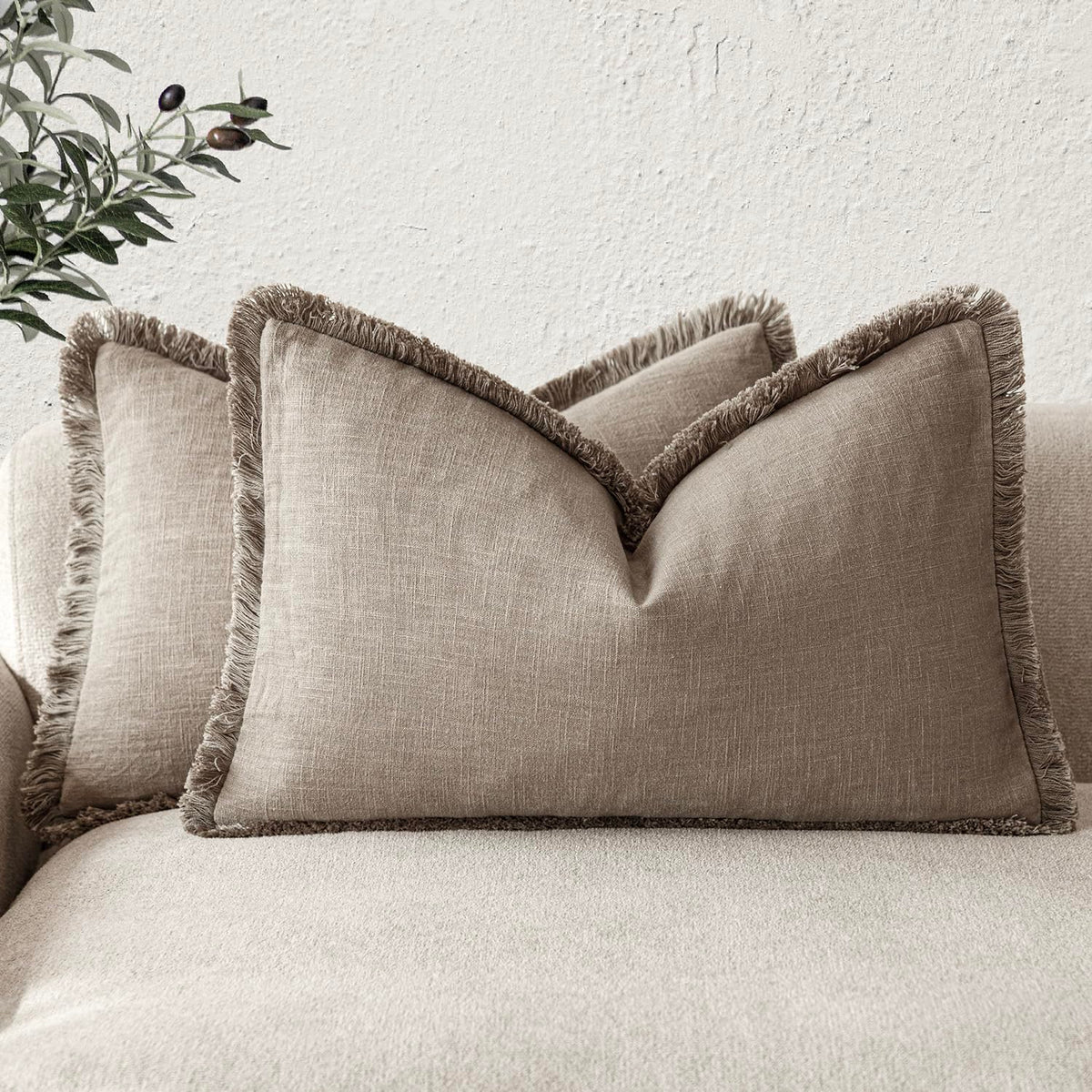 Foindtower Decorative Linen Fringe Throw Pillow Covers 20×20 Olive Green