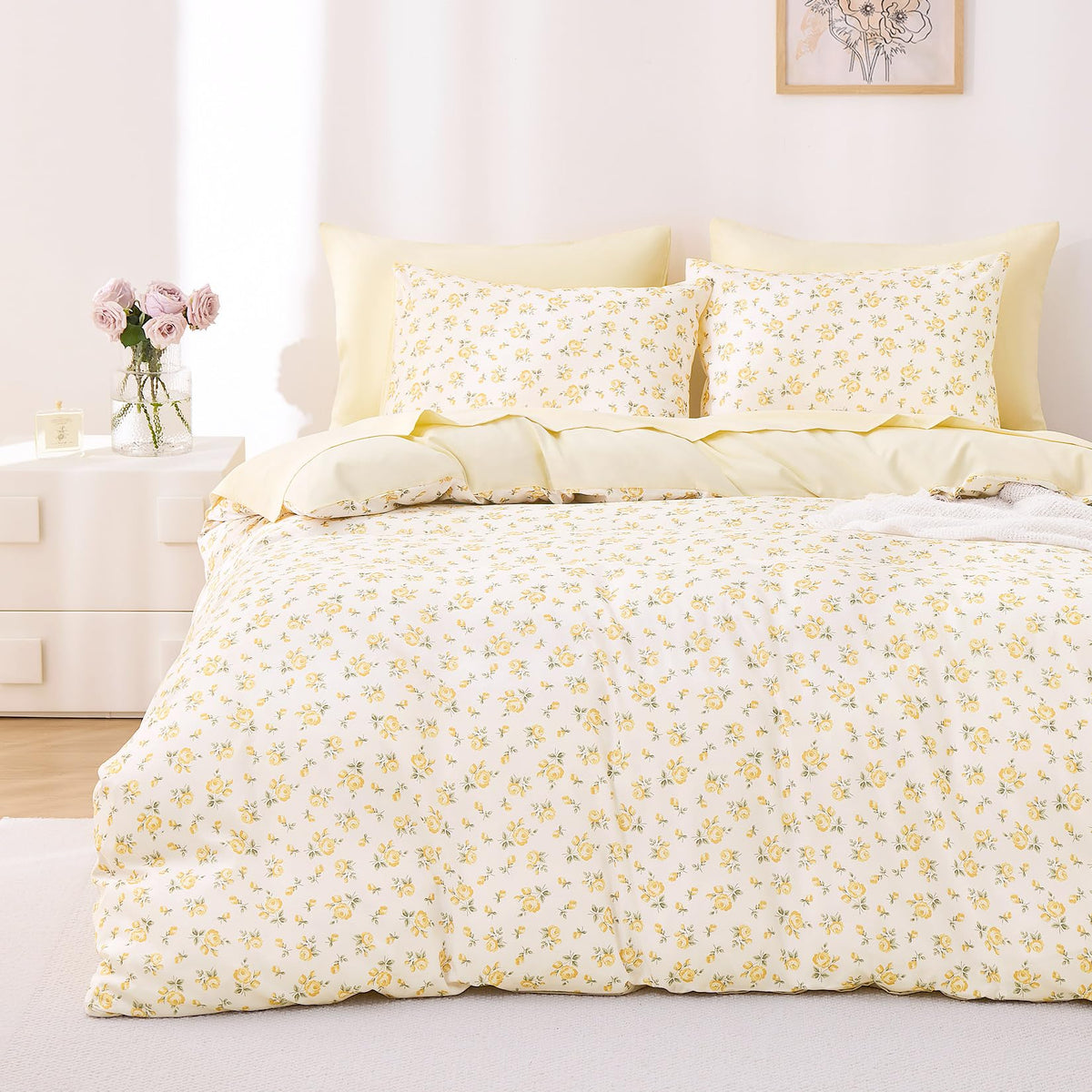 Wake In Cloud - Coquette Duvet Cover Set, Floral Cottagecore Flower Shabby Chic Cute Aesthetic, Soft Lightweight Bedding for Women Teen Girls, 3-Piece, Pink, Queen Size
