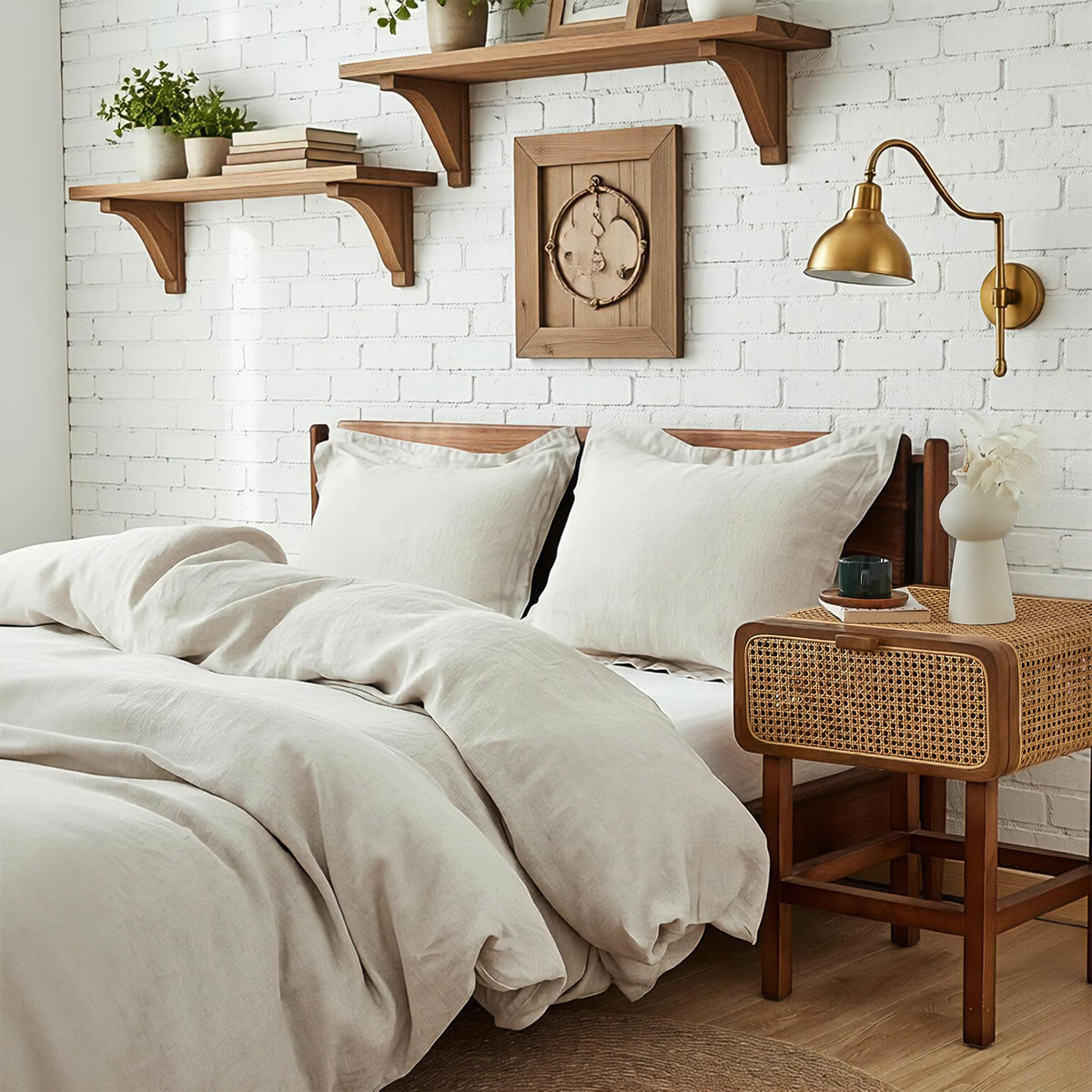 Simple&Opulence 100% Linen Duvet Cover Set 3pcs Basic Style Natural French Washed Flax Solid Color Soft Breathable Farmhouse Bedding with Button Closure - Linen, King