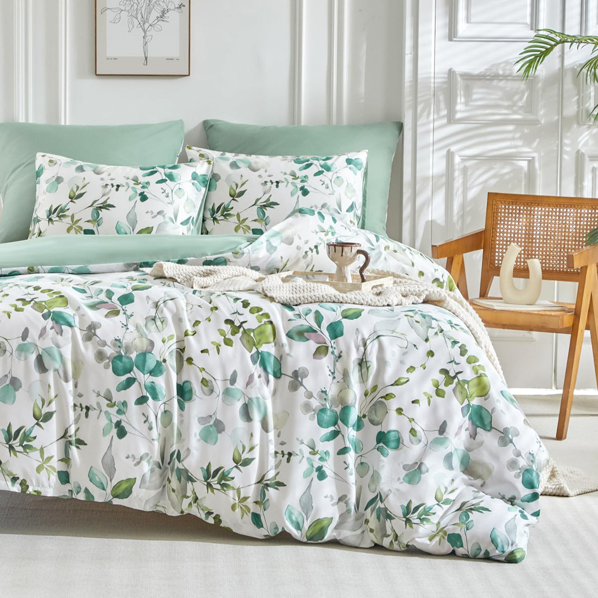 Lekesky Floral Duvet Cover Queen Size 3-Piece, Sage Green