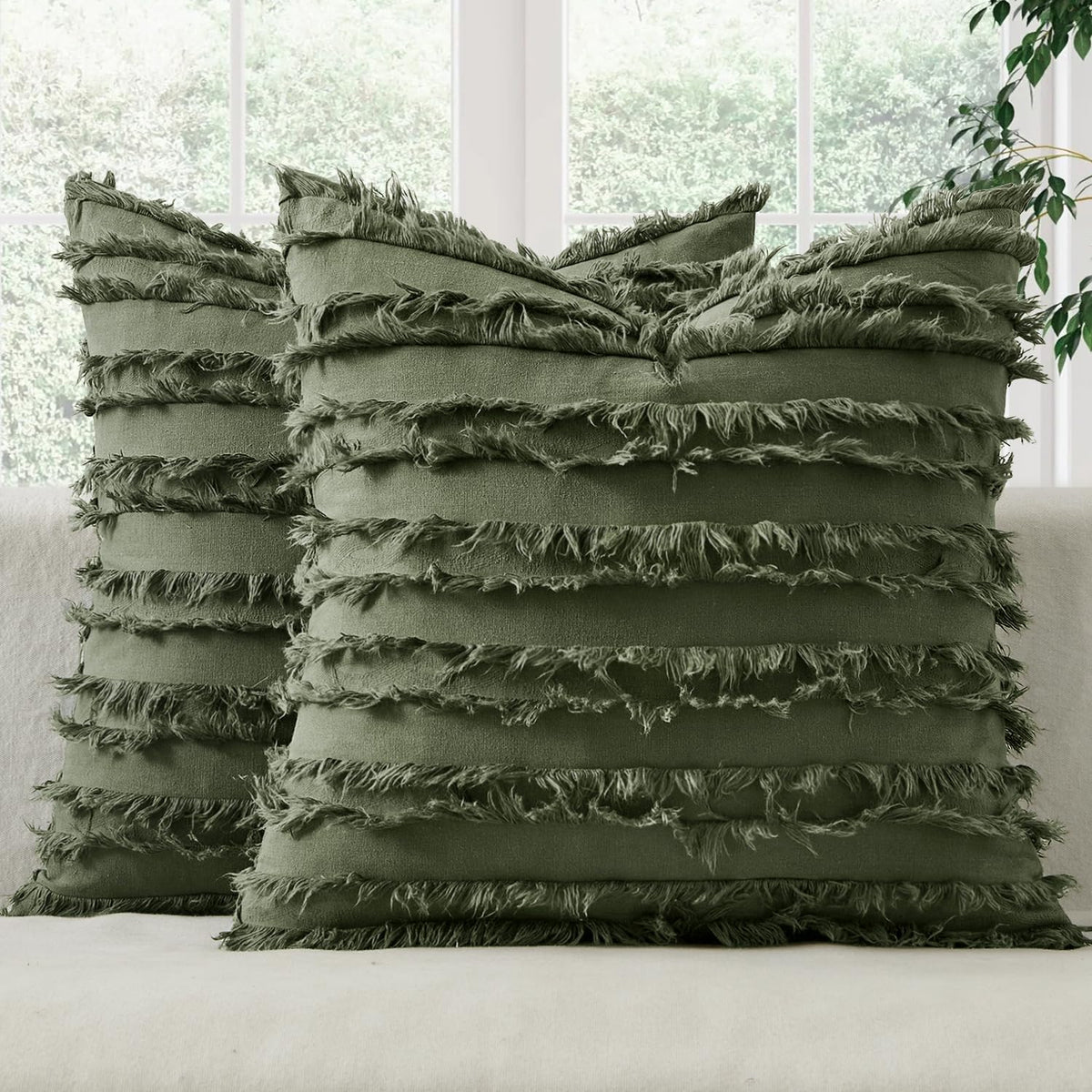 MIULEE Boho Linen Striped Throw Pillow Covers 18x18, Neutral Beige