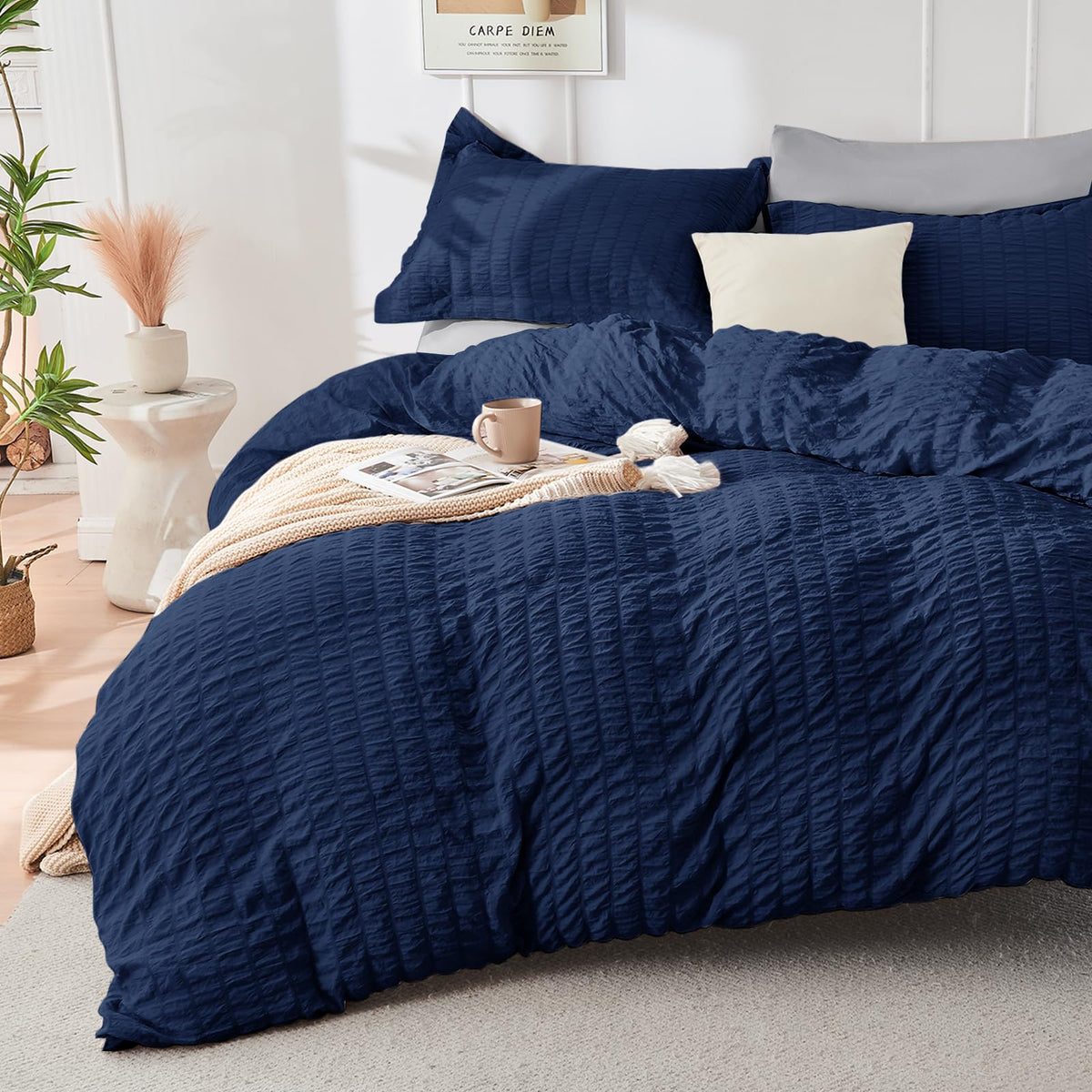 HYMOKEGE Beige Duvet Cover Queen Size, Ultra Soft 3-Piece Seersucker Duvet Cover Set with Zipper Closure, Soft Brushed Microfiber Bedding Set with 8 Corner Ties (90"x90", 2 Pillowshams)
