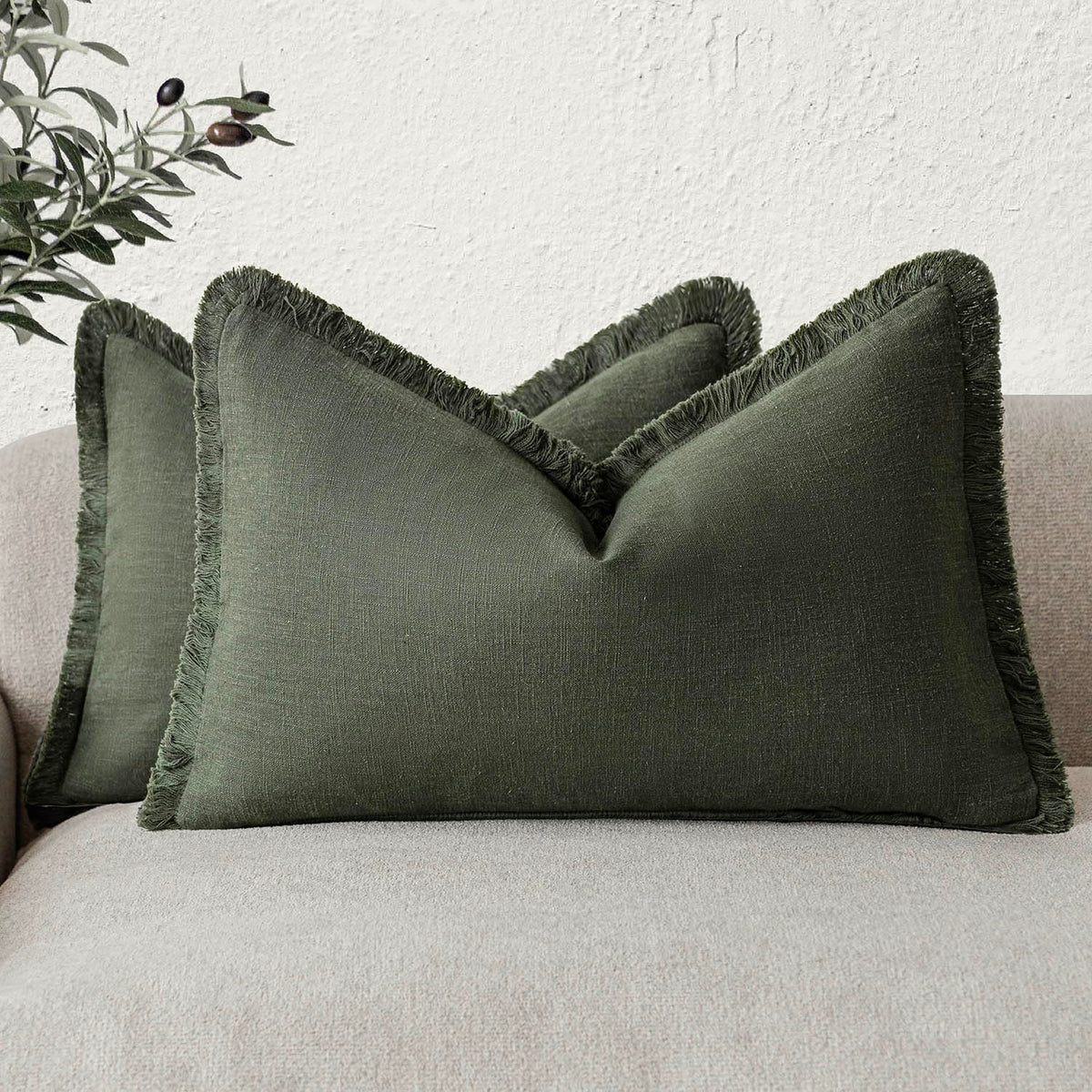 Foindtower Decorative Linen Fringe Throw Pillow Covers 20×20 Olive Green