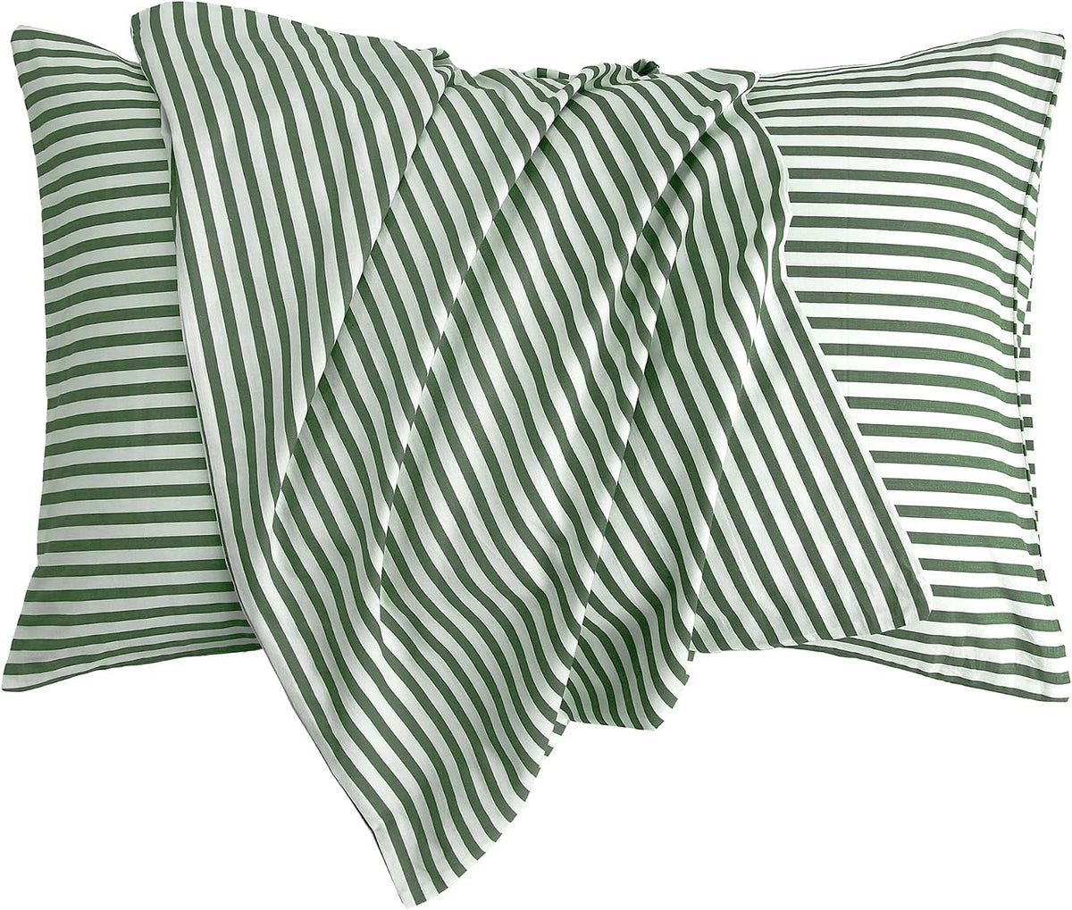 JELLYMONI Cotton Classic Striped Pillowcases Set of 2, Green, Queen