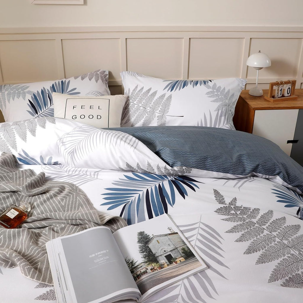 OAITE Queen Duvet Cover Set 3pcs 100% Cotton Blue Leaf