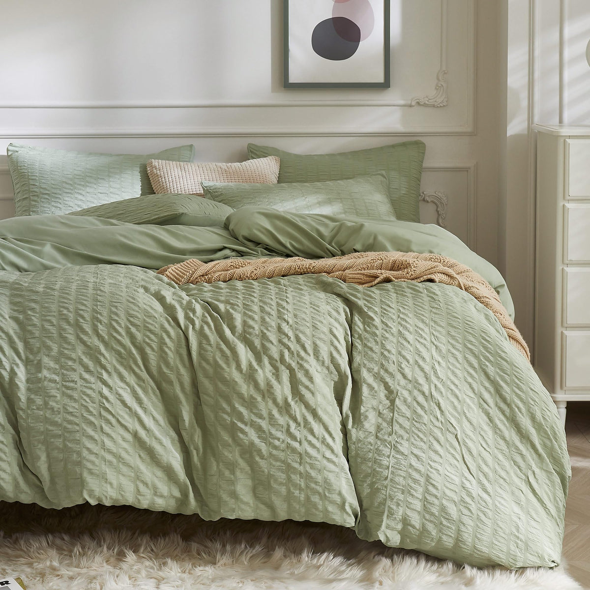 JELLYMONI White Seersucker Duvet Cover Set Queen Size