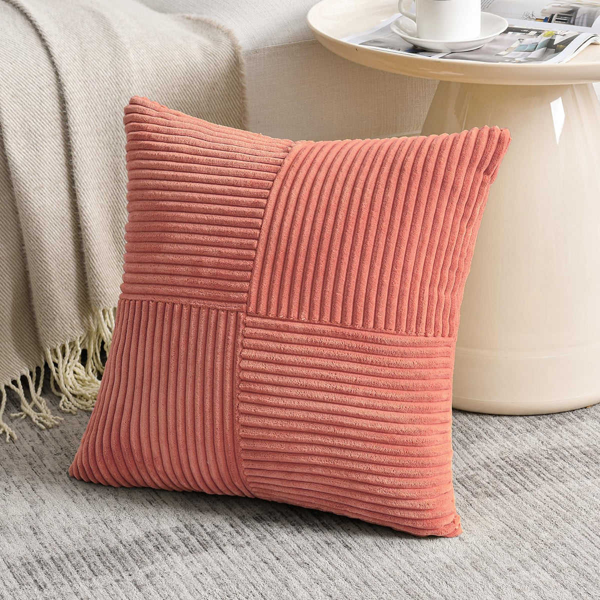 Fancy Homi Blush Pink Lumbar Decorative Throw Pillow Covers 12x20 Inch for Living Room Couch Bed, Rustic Farmhouse Boho Home Decor, Soft Striped Corduroy Rectangle Accent Cushion Case 30x50 cm