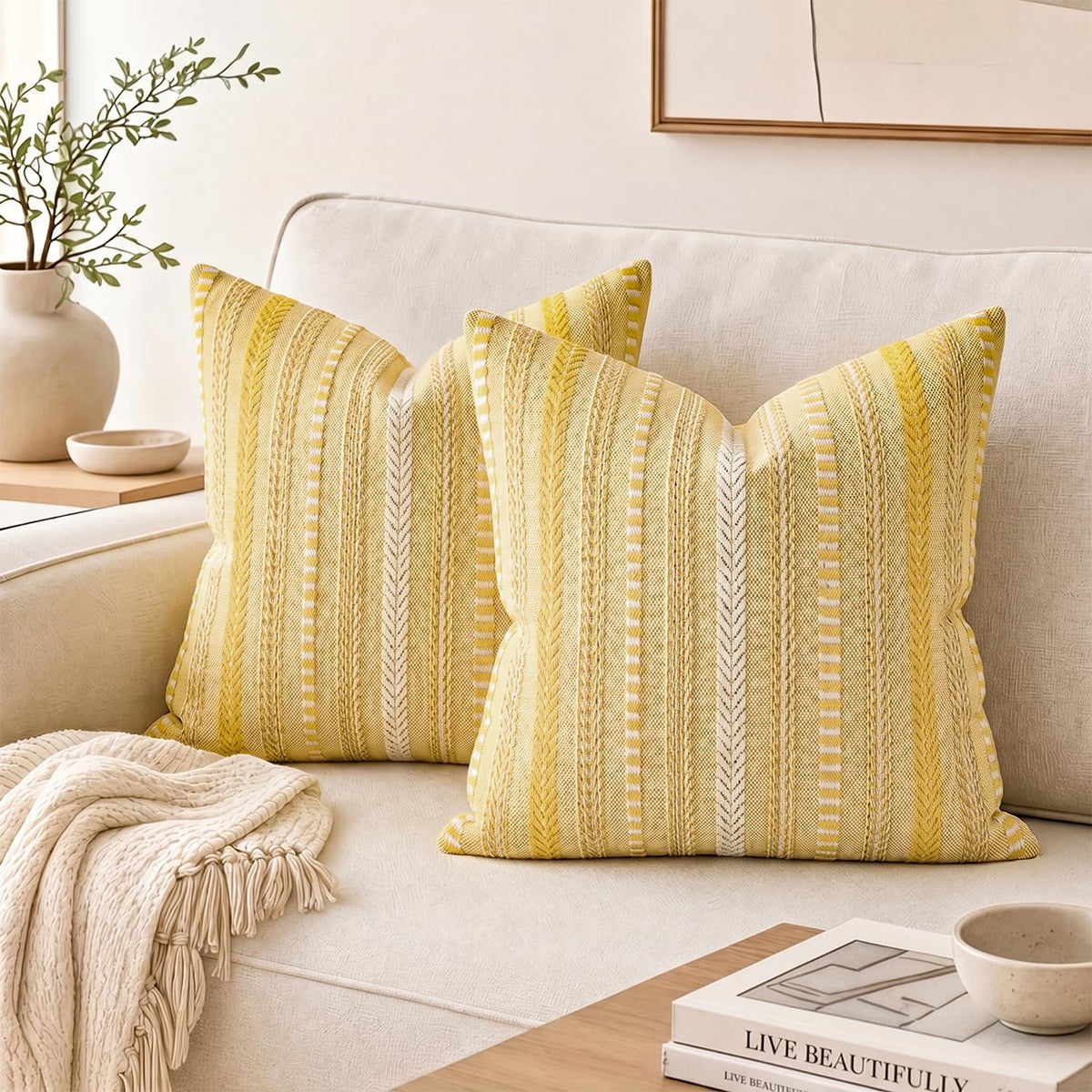 AVOIN colorlife Pink Boho Decorative Throw Pillow Covers Set of 2, 18 x 18 Inch Woven Stripe Textured Rustic Cushion Case Home Decor for Living Room Couch Sofa