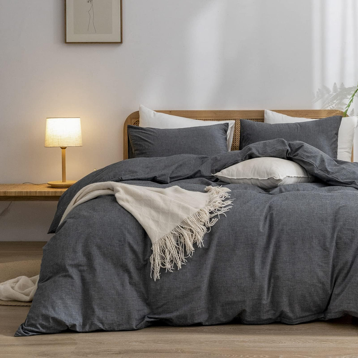 BESTOUCH Cotton Solid Duvet Cover Set Linen Feel Off White Queen
