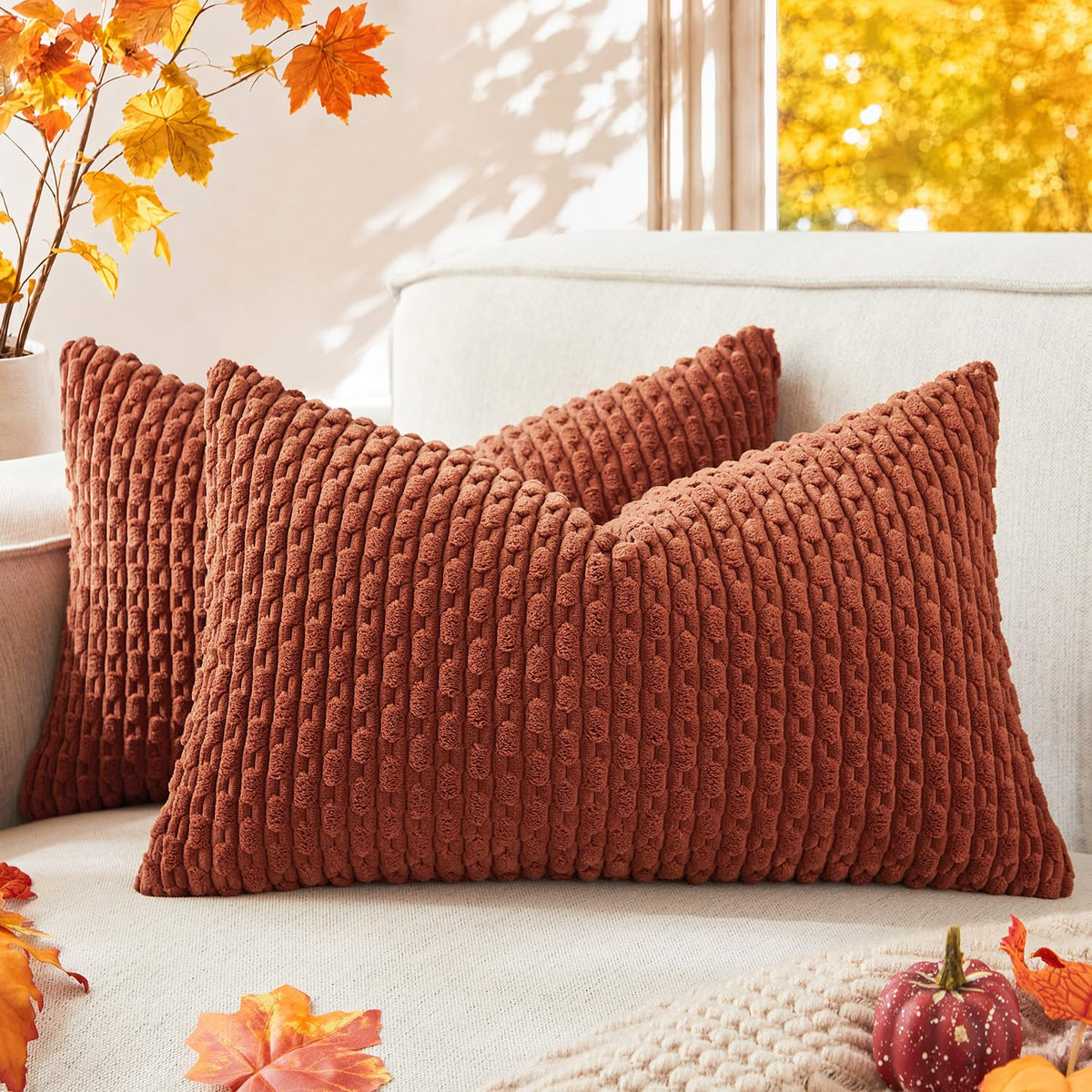 Kevin Textile Soft Corduroy 18x18 Inch Pillow Covers 2 Pack, Burnt Brick