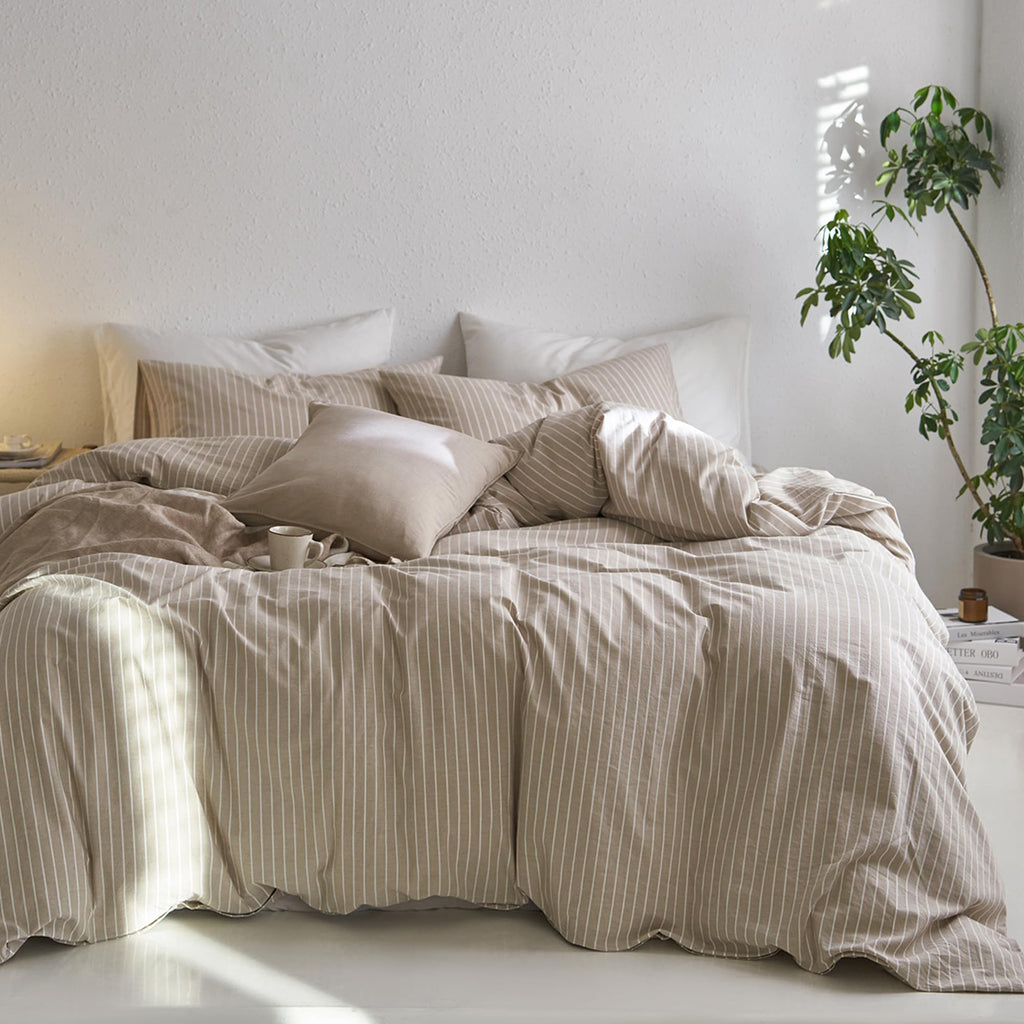 MooMee Striped Duvet Cover Set 100% Washed Cotton Linen Like Queen