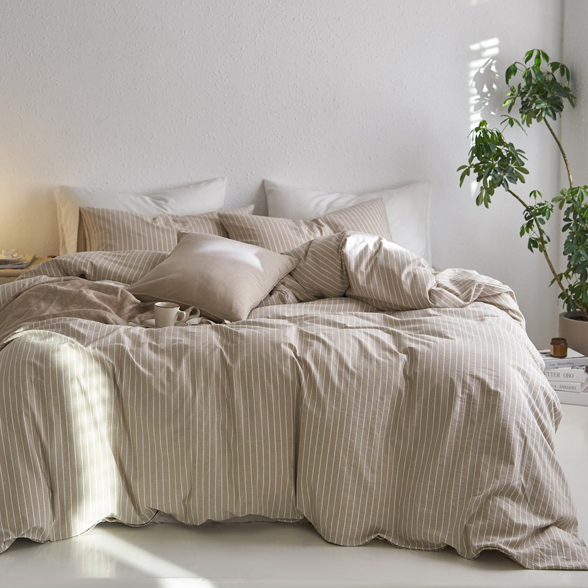 MooMee Striped Duvet Cover Set 100% Washed Cotton Linen Like Queen