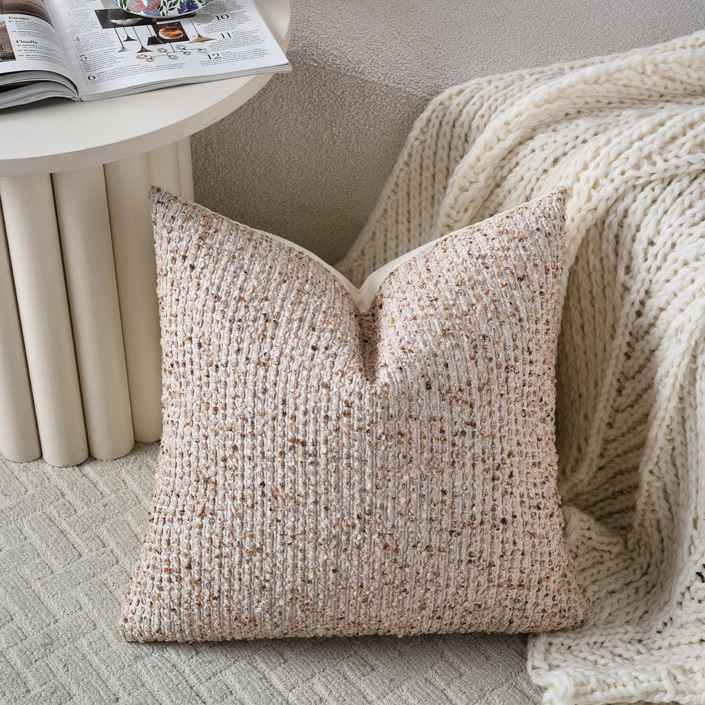DEZENE Striped Throw Pillow Covers 18x18 Set of 2 Beige Textured Boucle Chic Morden Boho Accent Farmhouse Square Decorative Couch Pillow Covers for Home Decor Bed Sofa Living Room
