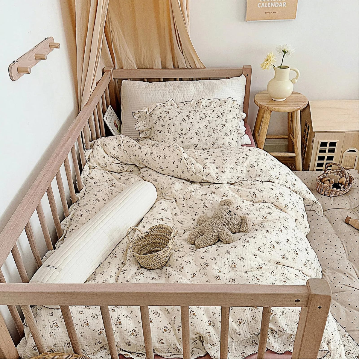 BuLuTu 100% Cotton Muslin Duvet Cover Twin for Kids Girls Boys, Shabby Chic Azalea Floral Duvet Covers Vintage Farmhouse Comforter/Quilt Cover with Ruffles, 68"x86", Zipper Closure, No Pillow