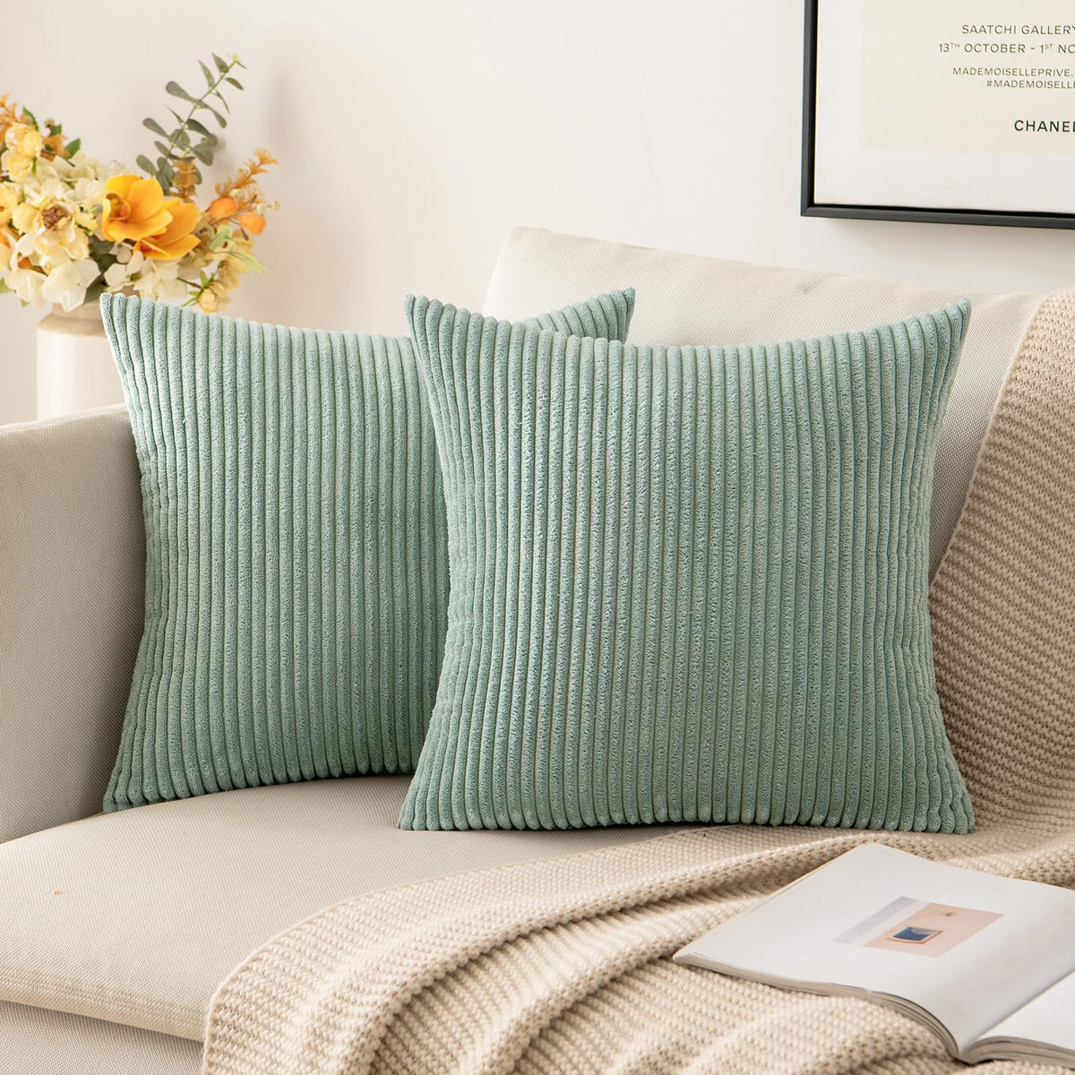 MIULEE Decorative Corduroy Throw Pillow Covers Set of 2 18x18 Dusty Blue