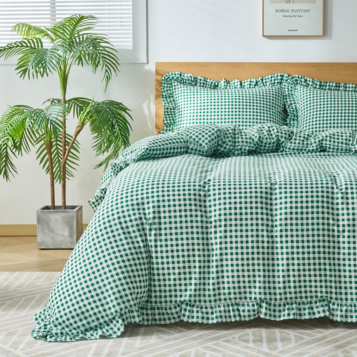 Gingham Duvet Cover Queen Size, 3 Pieces Soft Breathable Microfiber Plaid Duvet Cover with Zipper Closure & 2 Pillow Shams, Ruffle Farmhouse Vintage Decor, Sage Green