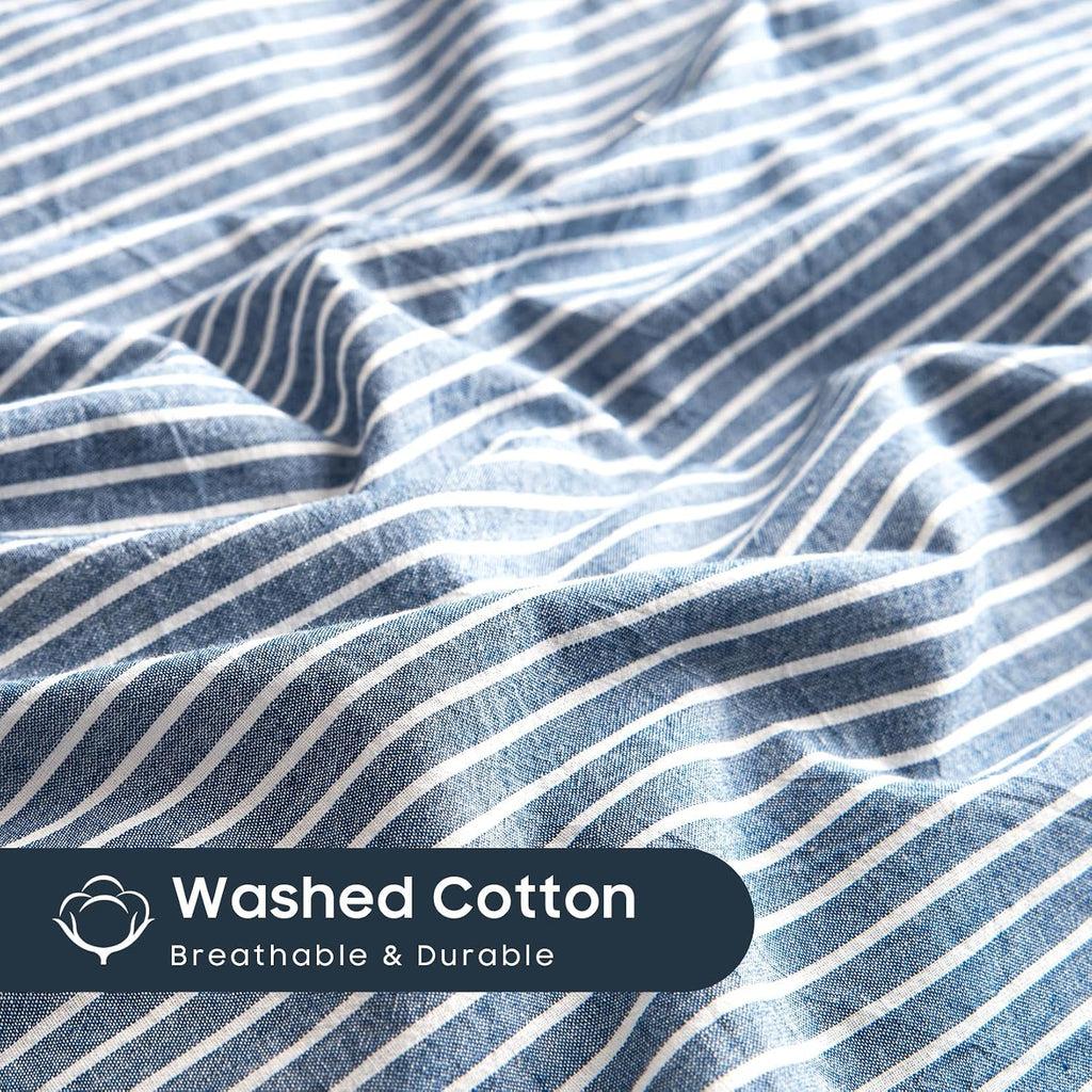 Wake In Cloud Striped Cotton Duvet Cover Set, Denim Blue, Queen