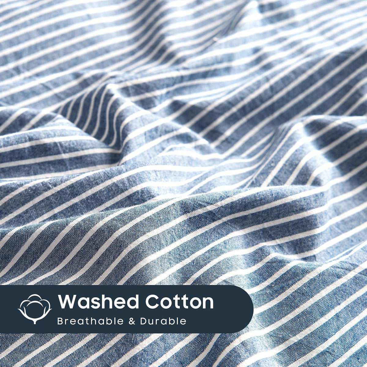 Wake In Cloud Striped Cotton Duvet Cover Set, Denim Blue, Queen