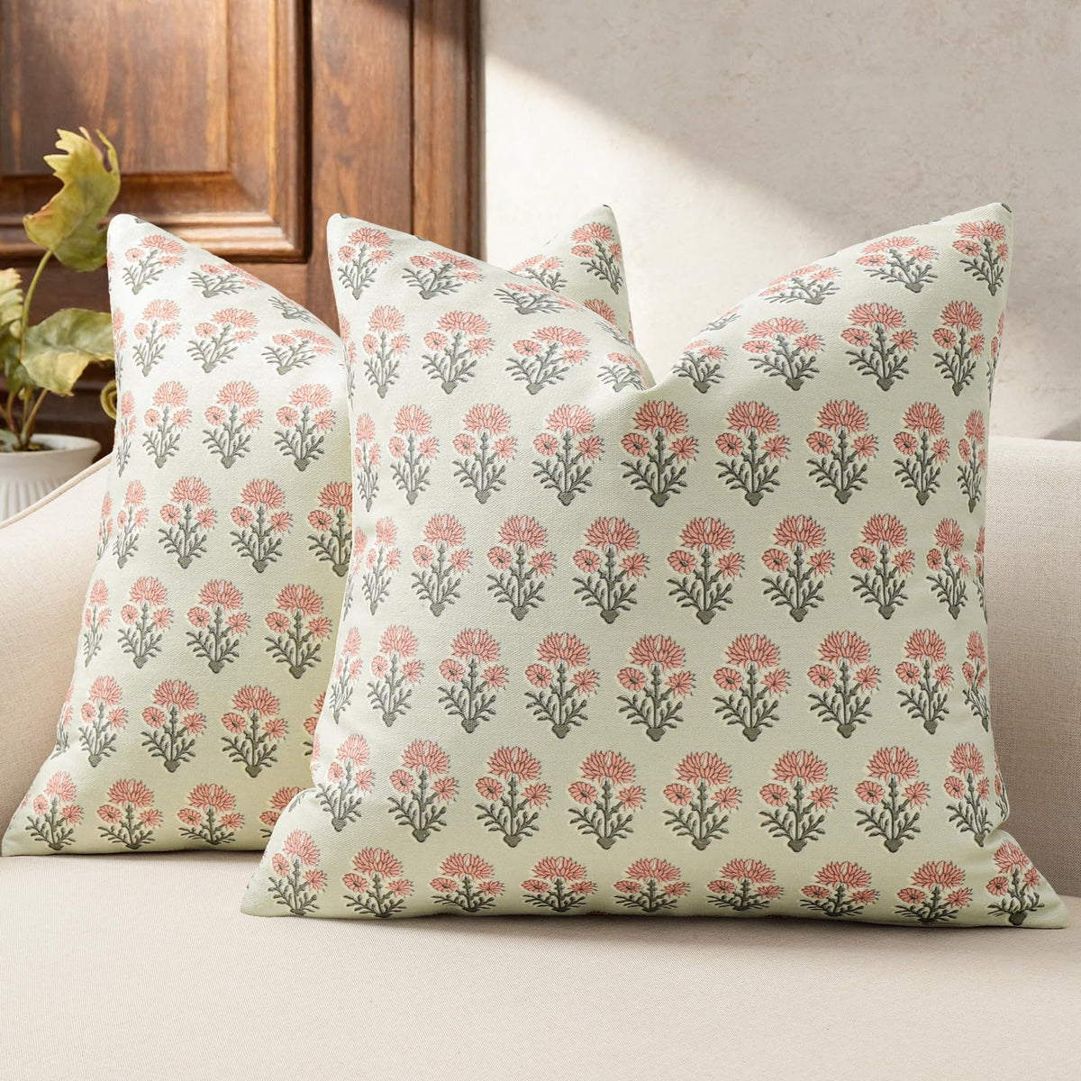 Farmhouse Floral Pillow Covers 18x18 Set of 2, Country Botanical Throw Pillow Cover for Sofa Couch Bed Living Room, Earthic Vintage Flower Cushion Covers Cottage Home Decor,Terracotta